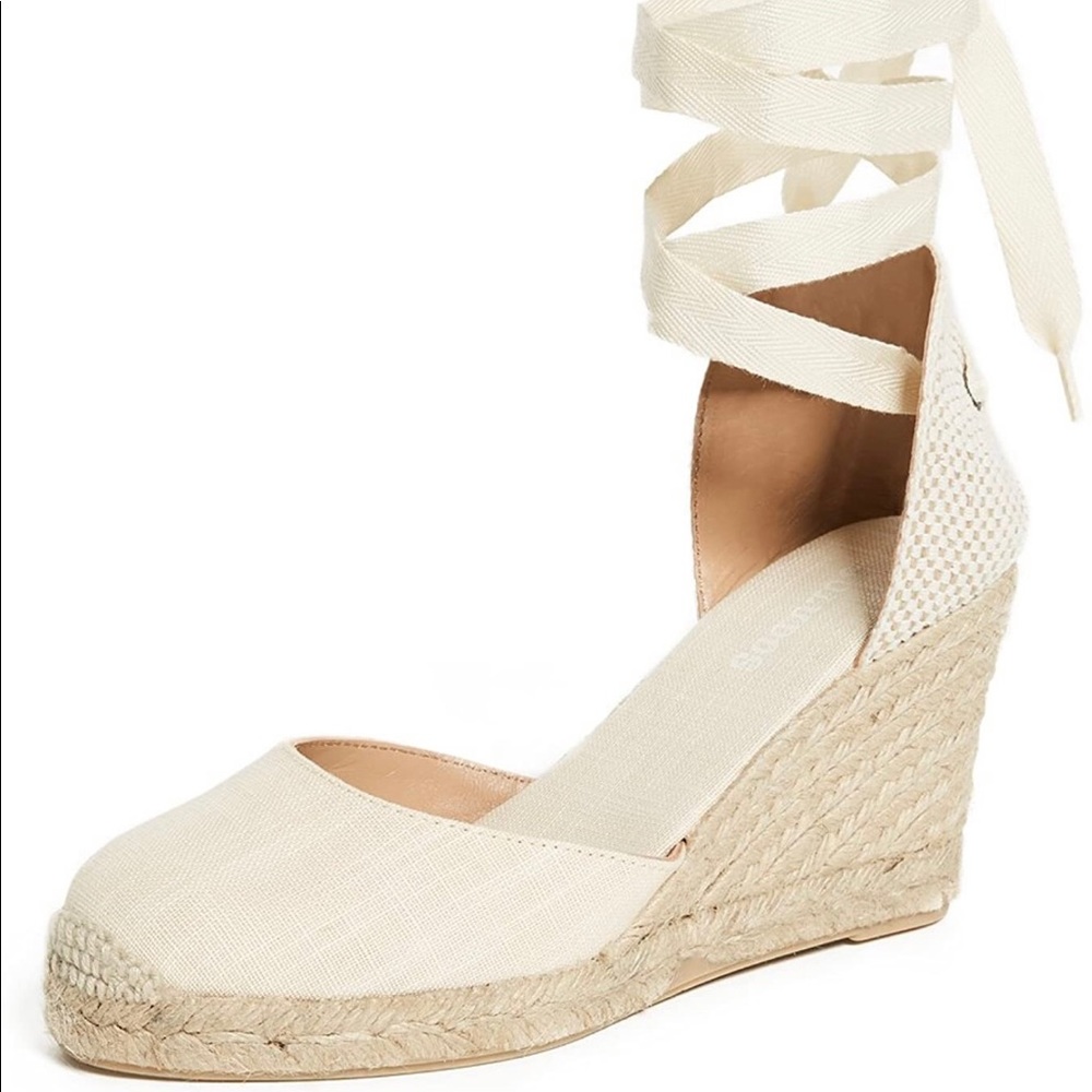 Soludos- Cream colored wedge espadrilles.